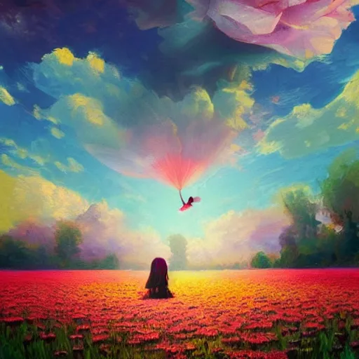 Image similar to rose head, girl floating in a flower field, surreal photography, sunrise dramatic light, impressionist painting, colorful clouds, digital painting, artstation, simon stalenhag
