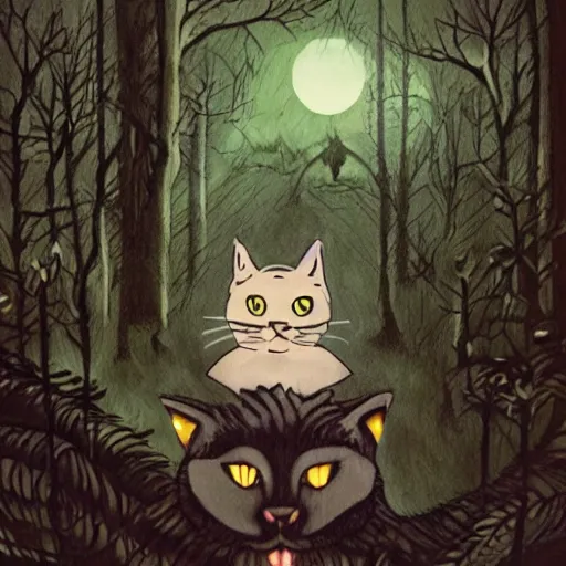 Prompt: a cat with a human face lurking in the deep darkness of the forest, studio gibli