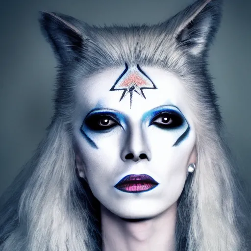 Image similar to A white wolf with David Bowie makeup, portrait, dark bg