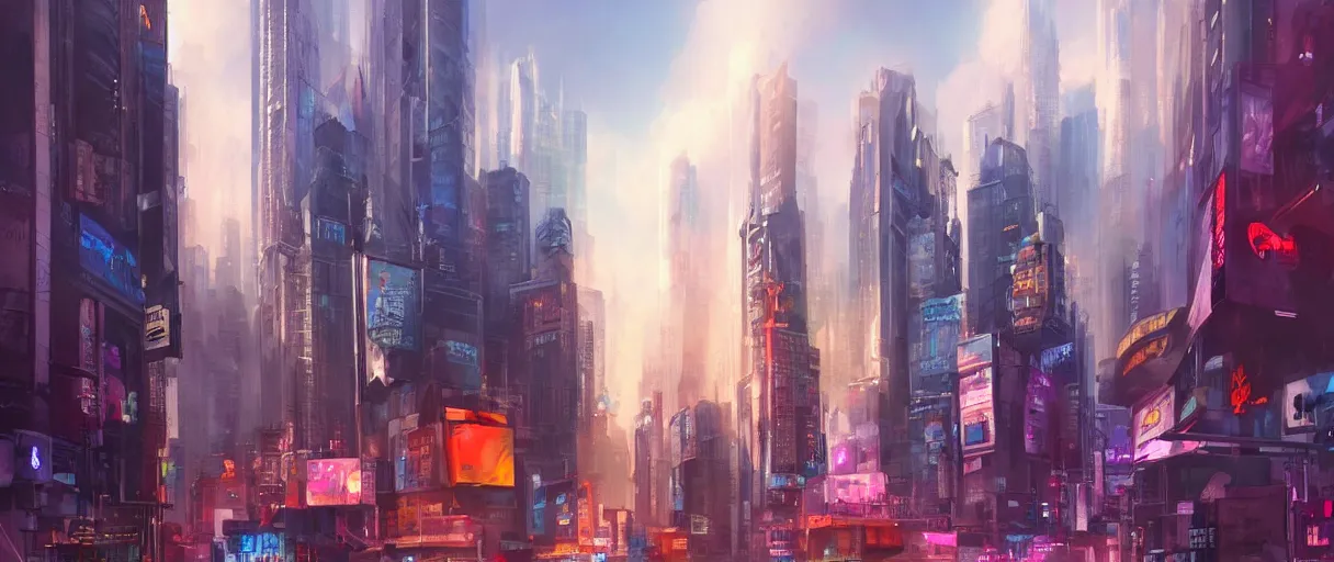 Image similar to huge modern downtown city, billboards, Times Square, concept art, digital painting, style of jordan grimmer, warm lighting, futuristic, volumetric lighting, view from below, vivid colours, bright, daytime, godrays , high detail