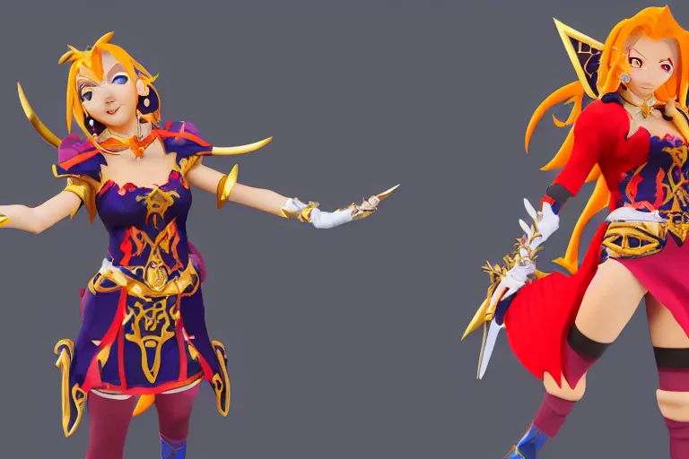 Image similar to character Lina Inverse from anime Slayers (1995 – 2009), Lina from game Dota 2, rendered in Cinema 4D and Octane and Unreal Engine 5, hyperrealism, full body photogenic shot, digital render, cinematic lighting ornate earrings, 8k resolution, masterpiece work