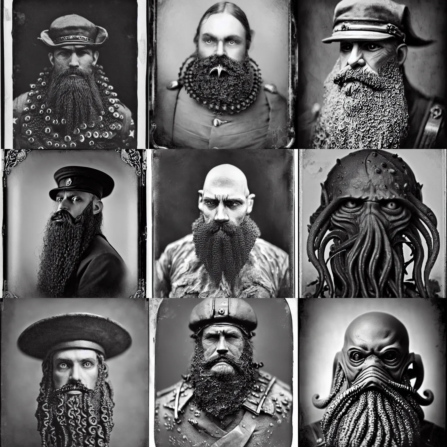 Prompt: civil war portrait of general cthulhu, black and white, wet-plate photography, shallow depth of field, detailed, uniform, beard mace of tentacles, 8k,