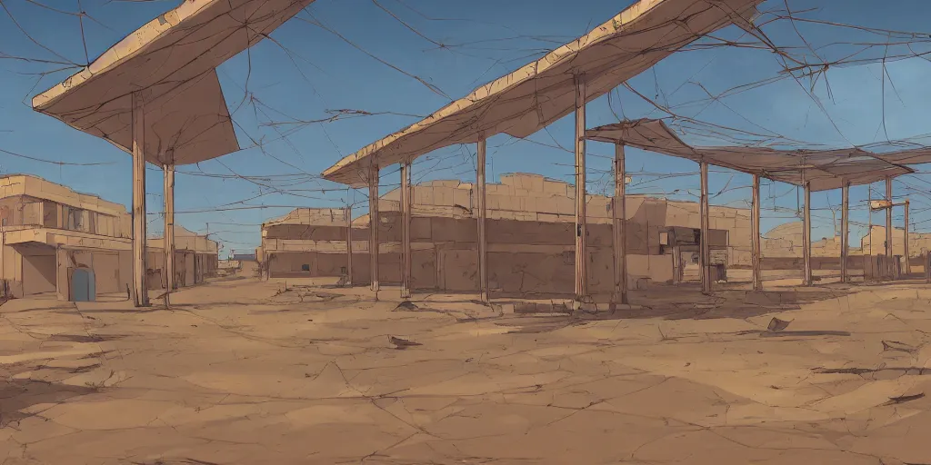 Image similar to an old and abadoned israeli bus station in the negev, without people, noon, sunlights, wide shot, digital art, ghibli style, vivid colors, flat colors, trending on artstation, high quality