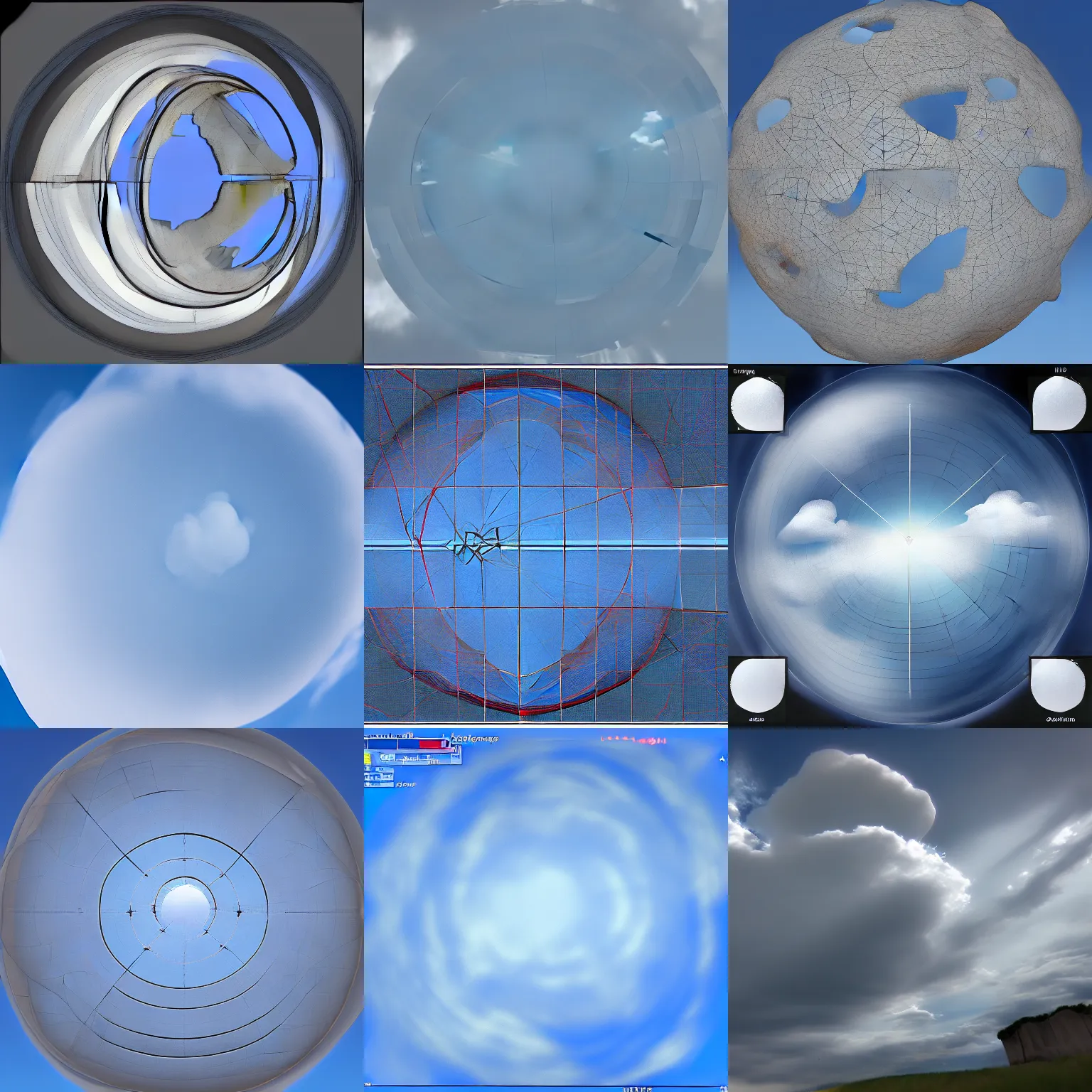 Prompt: hemispherical coordinate mapping of the sky with big cumulonimbus clouds from the ground level, looking up, no UI or crosshair lines or wireframes