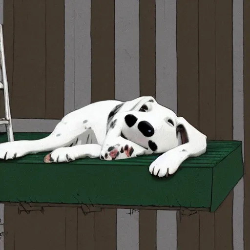 Prompt: realistic photo of snoopy, sleeping on the roof of a doghouse. white fur dog. dalmatian. artstation, concept art, 4 k.