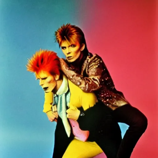 Prompt: david bowie giving a piggy back ride to ziggy stardust. glam rock. cosmic. psychedelic. sharp focus. andy warhol.
