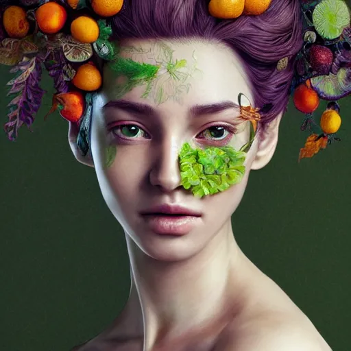 Image similar to the portrait of an absurdly beautiful, graceful, elegant, young woman made of fruits and green petals, an ultrafine hyperdetailed illustration by kim jung gi, irakli nadar, intricate linework, bright colors, octopath traveler, final fantasy, angular, unreal engine 5 highly rendered, global illumination, radiant light, detailed and intricate environment