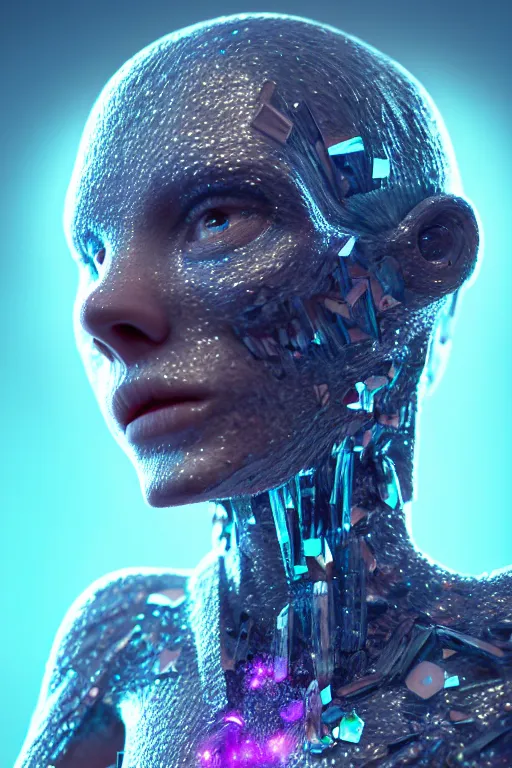 Image similar to skin concept anthropomorph, biopunk, in full growth, magical crystals, smoky crystals, translucent crystals, luminous sparkling crystals, many details, 3 d, cinematic, hyper realism, high detail, octane render