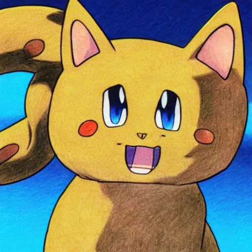 Prompt: an anime drawing of a tan cat with blue eyes and black feet, by ken sugimori in 1 9 9 8, for pokemon red and blue.