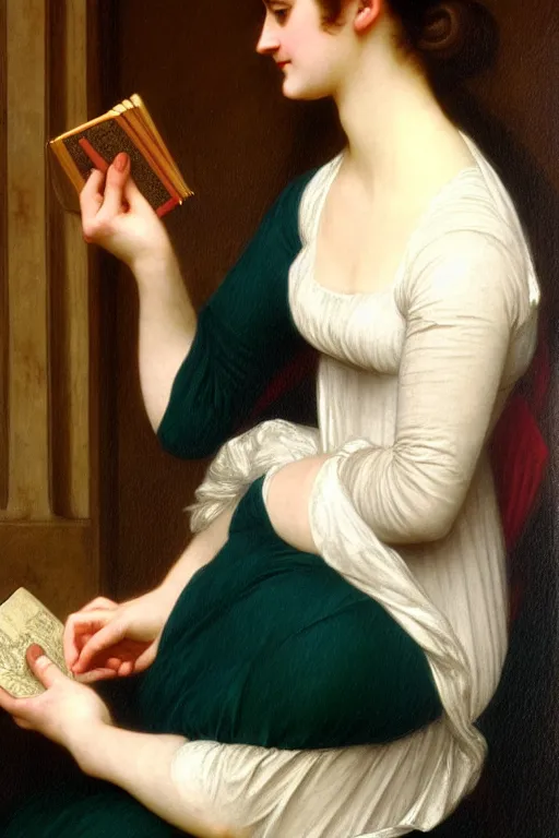 Image similar to jane austen with a book, painting by rossetti bouguereau, detailed art, artstation