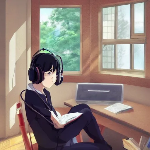 Image similar to Anime painting of a black haired girl wearing headphones while studying in her warm cozy home, by makoto shinkai, relaxed, calm, atmospheric, peacefull, trending on artstation, kimi no na wa