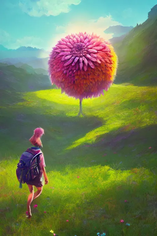 Image similar to giant daisy flower head, girl hiking in the mountains, surreal photography, sunrise, dramatic light, impressionist painting, colorful clouds, digital painting, artstation, simon stalenhag