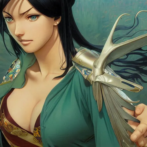 Prompt: highly detailed vfx portrait of nico robin by eiichiro oda, makoto shinkai, alphonse mucha, sharp focus, art by artgerm and greg rutkowski!, backlit, harsh overhead sunlight, blue eyes, stanley kybric, kaoru mori, pixiv, fanbox,