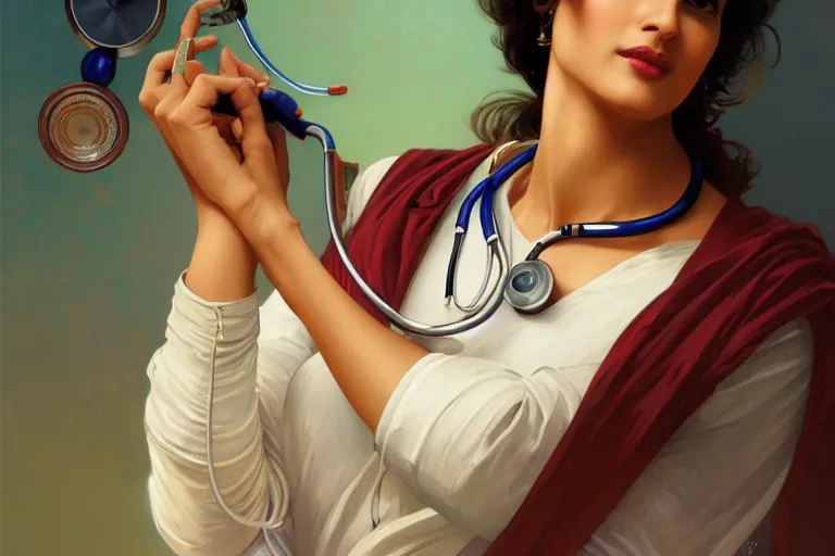 Image similar to sensual pale beautiful indian doctor in jeans with stethoscope, art deco portrait, elegant, intricate, digital painting, artstation, concept art, smooth, sharp focus, illustration, art by artgerm and greg rutkowski and alphonse mucha