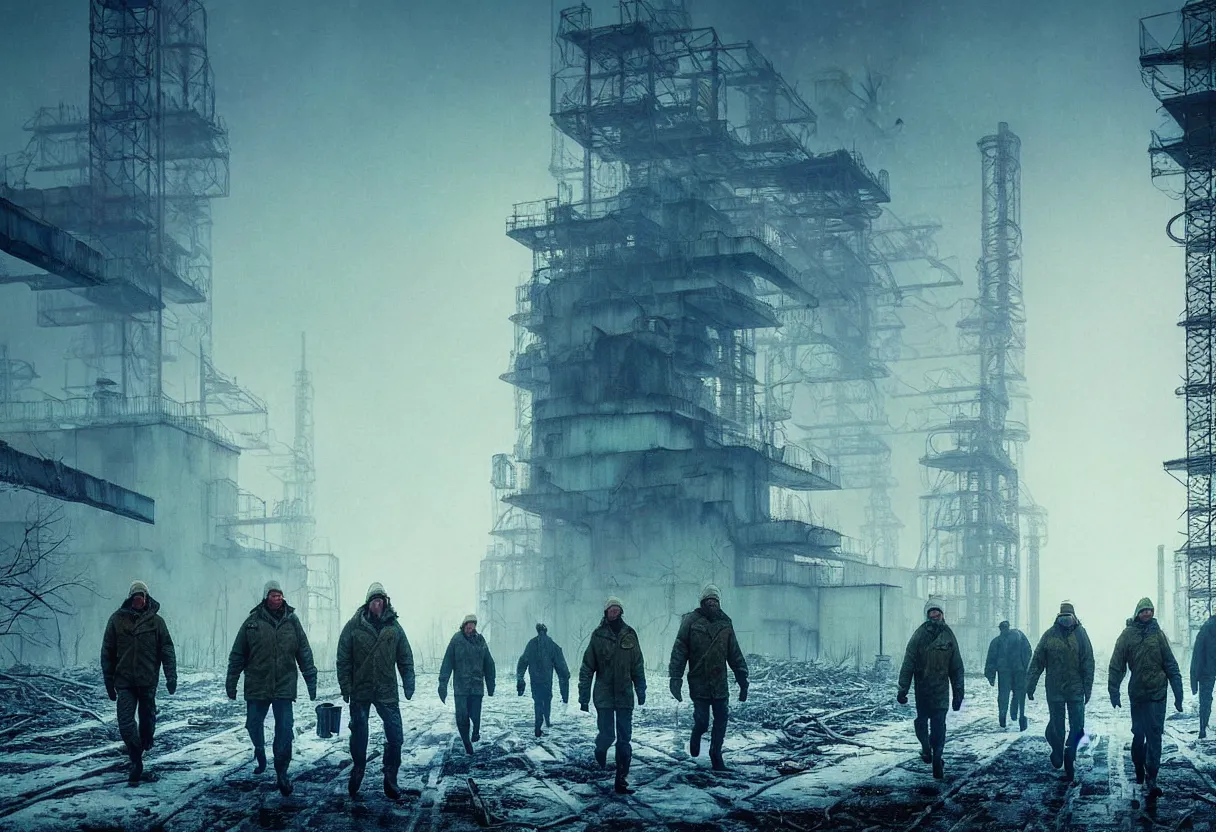 Image similar to chernobyl liquidators walking in postapocalyptic winter cityscape, 4 k, high quality, sharp focus, ultra high definition, ultra detailed, symmetry, fog, matte painting, by greg rutkowski and ross tran and wlop