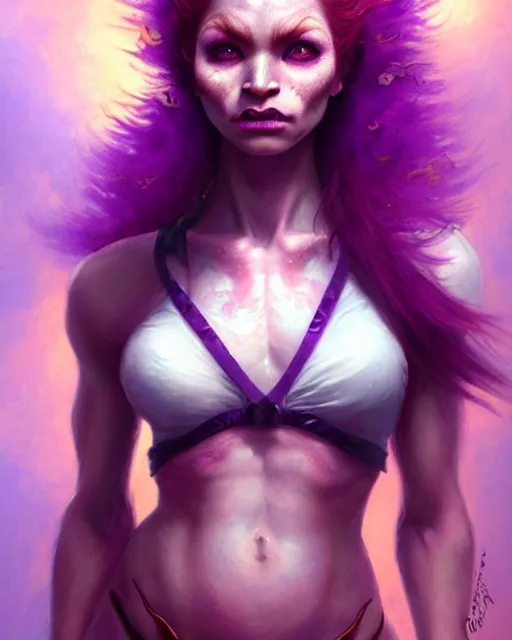 Image similar to cute female demon with purple skin wearing halter top, perfect face, fiery ginger hair, abs, cinematic, freckles, stunning, adorable, athletic, strong, agile, highly detailed, psychedelic, digital painting, artstation, smooth, hard focus, illustration, art by jessica rossier and and brian froud