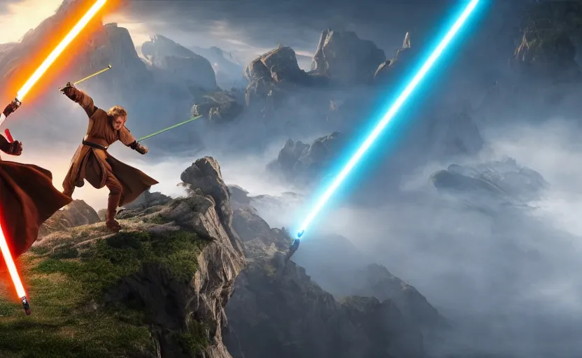 Image similar to anakin skywalker and obi wan kenobi engaging in an epic duel on a cliffside, epic, fantasy artwork, intense, cinematic, raytracing, dynamic lighting, 4 k