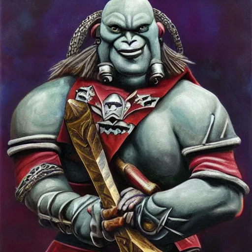 Prompt: ogre warrior wearing plated armor who is holding a battle axe in the style of warhammer fantasy : : head and torso oil painting