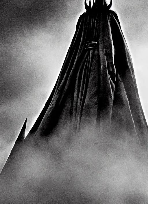 Image similar to the dark lord sauron, in the style of akira kurosawa, cinema, sharp focus, black and white, film grain, photographic