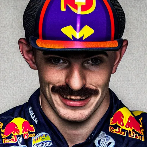 Prompt: Portrait of Max Verstappen as Waluigi, red bull, nintendo, high detail, 4k