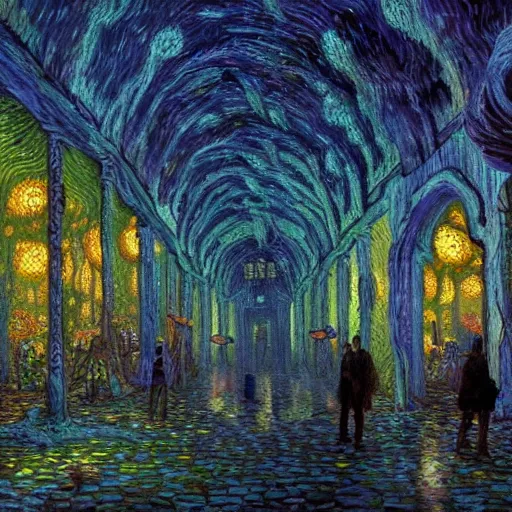 Prompt: concept art detailed painting of a dark purple fantasy fairytale fungal town made of mushrooms, with glowing blue lights, in the style of vincent van gogh and albert bierstadt and wayne barlowe