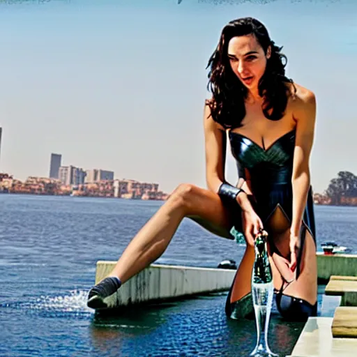 Prompt: gal gadot filling the river nile with champagne
