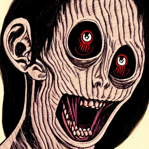 Image similar to a dark brown humanoid, hyper detailed, in the style of junji ito and and junji ito and junji ito, selfie