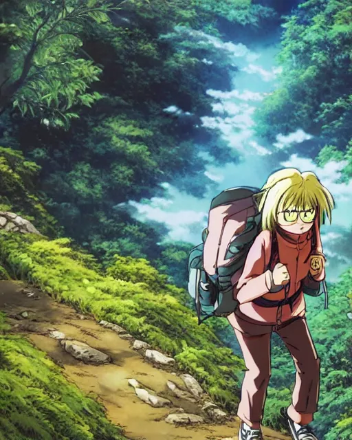 Prompt: a girl hiking the appalachian mountains, full shot, visible face, ambient lighting, detailed, very modern anime style, art by akira toriyama, eiichiro oda, hayao miyazaki, kentaro miura, masashi kishimoto