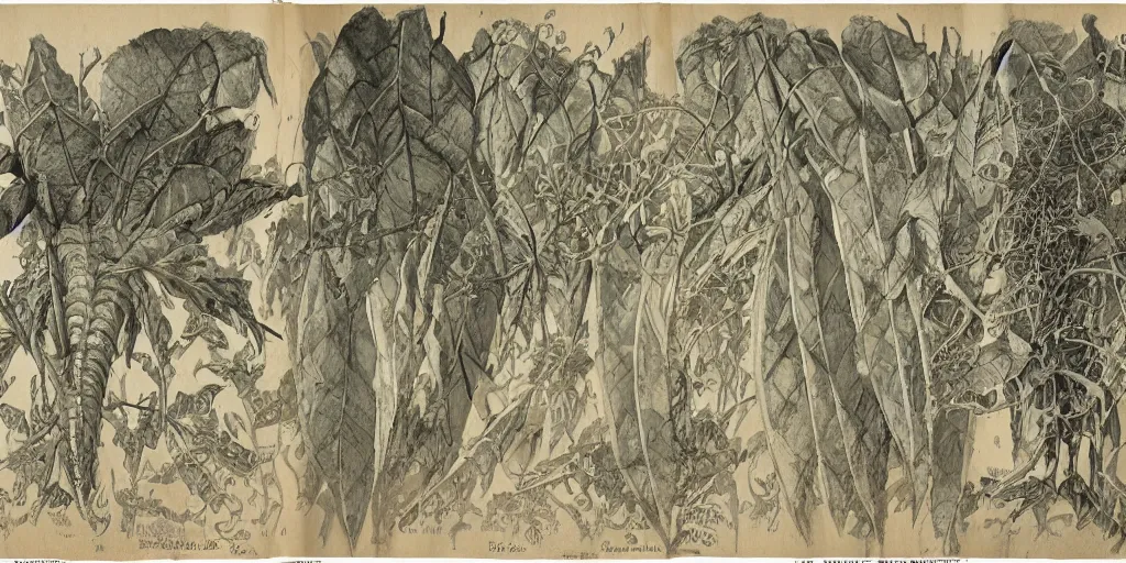 Image similar to high resolution scan of the pages of an old and alien herbarium, by john howe