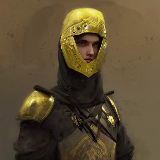 Image similar to Medium closeup young idealistic and pious male Imperial soldier wearing a black tabard with light yellow accents over a gambeson and a steel open helm, by Raymond Swanland Greg Rutkowski Lise Deharm, {perfect face}, {perfect eyes}