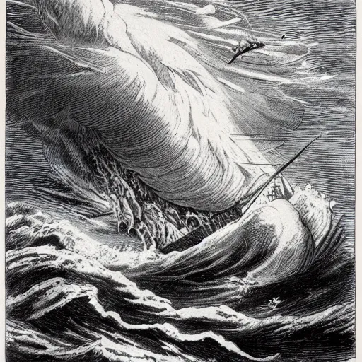 Image similar to large ship being tossed about in a fierce storm in the sea, dark, low light, terrifying, beautiful, john tenniel illustration