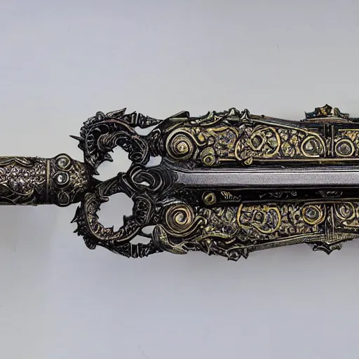 Prompt: An ornate and realistic sword,dazzling gem in the hilt,fantasy,masterwork,good lighting