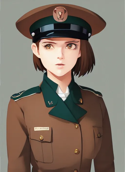 Image similar to portrait bust of young woman with light brown hair and hazel eyes dressed in a sharp dark teal military uniform with beret, saluting, smiling at camera, ilya kuvshinov, loish, anime, artstation trending, digital art