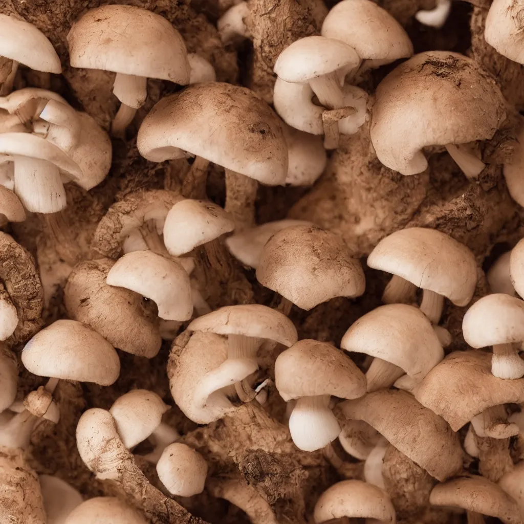 Prompt: a small collection of mushrooms, inside different wooden boxes. top down photo, close macro photo. studio photo, 8k