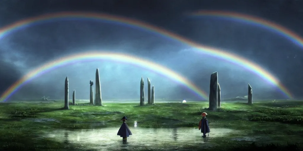 Image similar to a realistic and atmospheric cell - shaded concept art from howl's moving castle ( 2 0 0 4 ) of a rainbow colored ufo landing on the ground. a grey monk is standing in a futurist sci - fi city that looks like stonehenge in a flooded rainforest. it is a misty starry night. very dull muted colors, hd, 4 k, hq