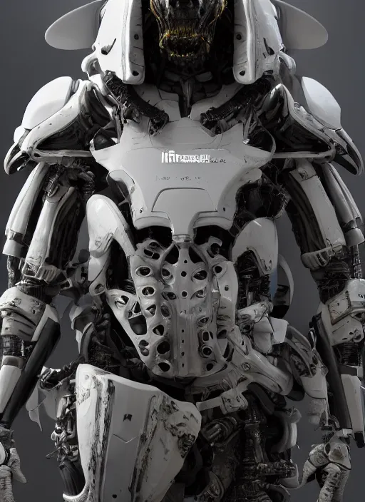 Prompt: a photorealistic dramatic hyperrealistic render of a predator the alien hunter exosuit in white bone armor, ultra realistic details, well worn by paul dave malla, cedric seaut from artstation, beautiful dramatic dark moody tones and lighting, cinematic atmosphere, studio lighting, global illumination, shadows, dark background, concept design art octane render, 8 k