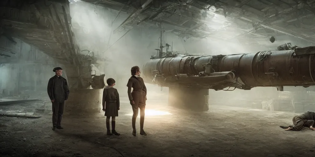 Image similar to photograph of a dieselpunk submarine interior set design with a orphaned child standing over two dead adults. cinematic lighting, color contrast, arri alexa, anamorphic bokeh, professional lighting, 4 k, photographed by erik johansson, graded with davinci resolve