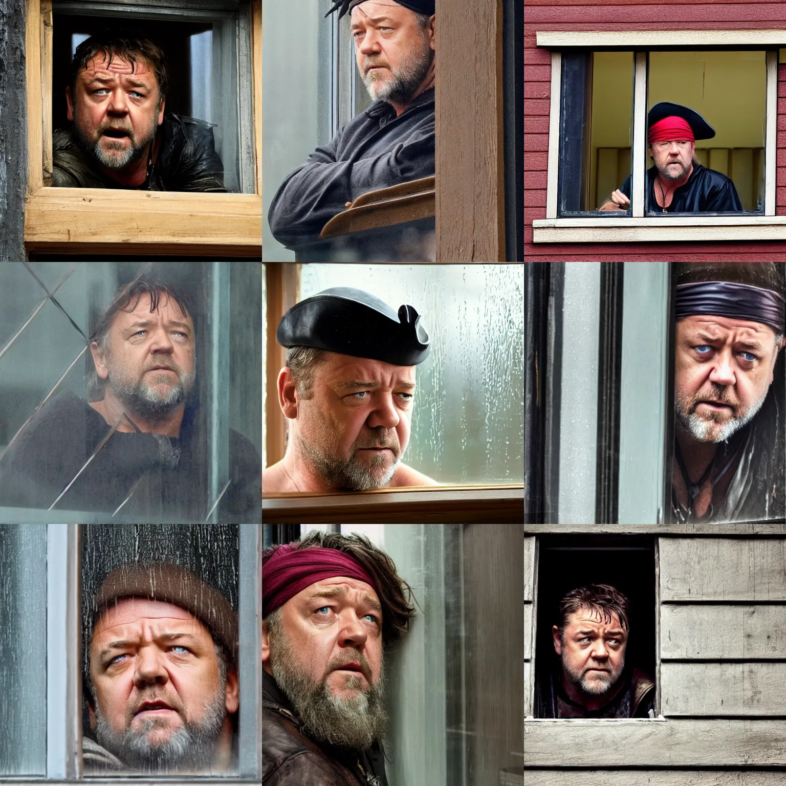 Prompt: concerned russell crowe with pirate hat peering out from a small dirty rainy window, wooden wall