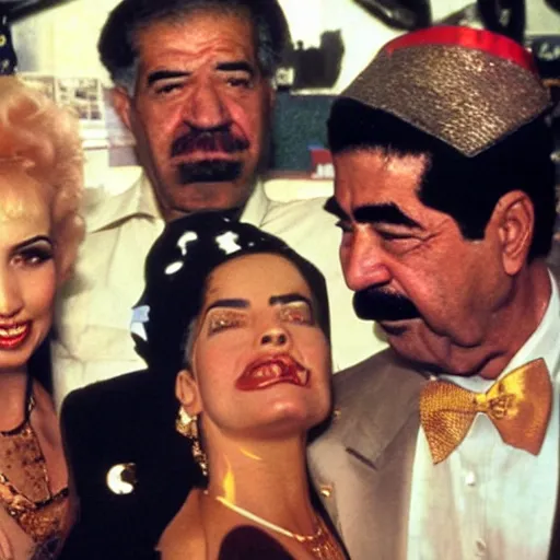 Image similar to UHD candid photo of Saddam Hussein and Joe Biden with a Vegas showgirl, accurate faces, UHD, photorealistic, correct face, photo by Annie Leibowitz