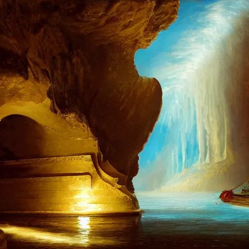 Image similar to The shadow of the dome of pleasure Floated midway on the waves; Where was heard the mingled measure From the fountain and the caves. It was a miracle of rare device, A sunny pleasure-dome with caves of ice!, cinematic lighting, detailed oil painting, hyperrealistic, 8k