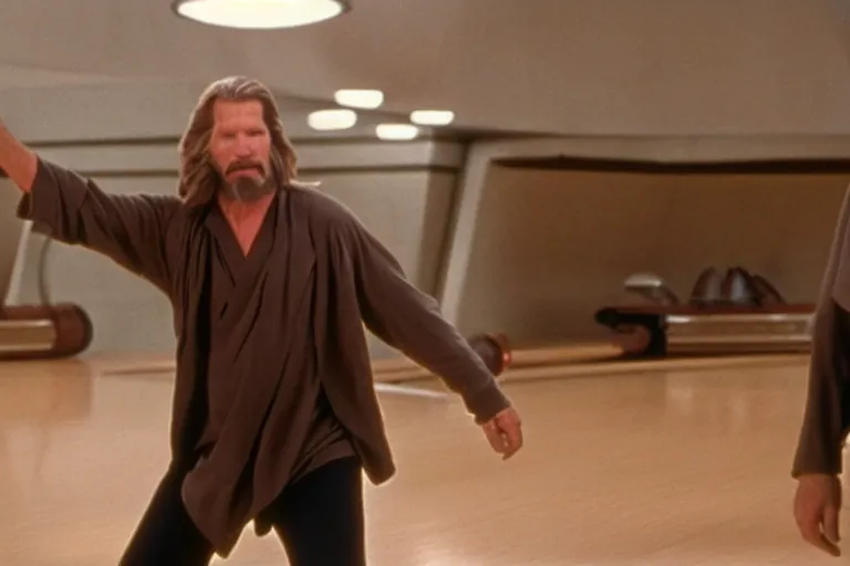 Prompt: A wide shot of Jeff Bridges from The Big Lebowski as a Jedi bowling in Star Wars