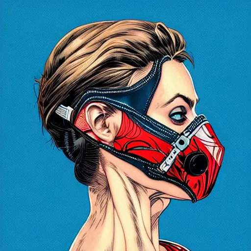 Prompt: a profile photo of a european woman with a diving mask with side profile blood in ocean intricate details by MARVEL comics and Sandra Chevrier-C