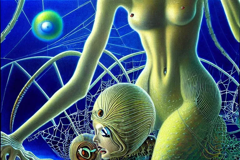 Image similar to realistic extremely detailed portrait painting of a fully dressed woman with a giant spider, futuristic sci-fi landscape on background by Jean Delville, Amano, Yves Tanguy, Ernst Haeckel, Edward Robert Hughes, Roger Dean, rich moody colours, blue eyes