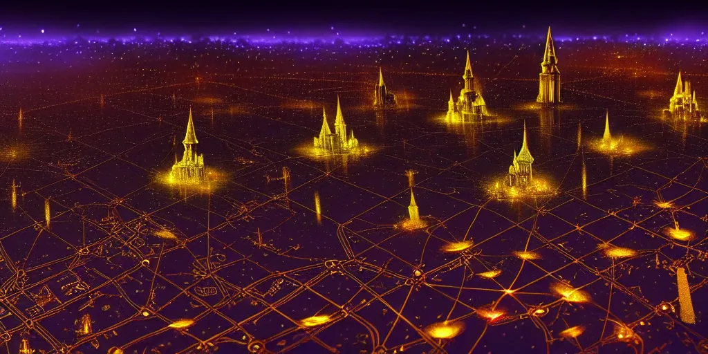 Prompt: magical city of the Great Tartarian Empire adorned with amazing lost technology, lights resembling fireflies, spires from rooftops collecting and distributing etheric energy, cityscape seen at night from above, combining intense detail & utmost quality, very complex, very coherent, bioluminiscent creatures by Christian Hecker, Artstation, - H 832