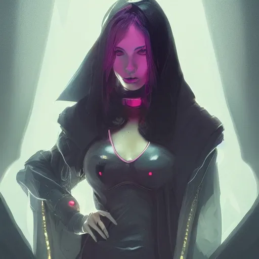 Image similar to cinematic side portrait woman, cyberpunk outfit large cloak, landscape, neon light in the hair, supervillain, undercut hairstyle, dark light night, intricate, elegant, sharp focus, illustration, highly detailed, digital painting, concept art, matte, art by wlop and artgerm and greg rutkowski and alphonse mucha, masterpiece