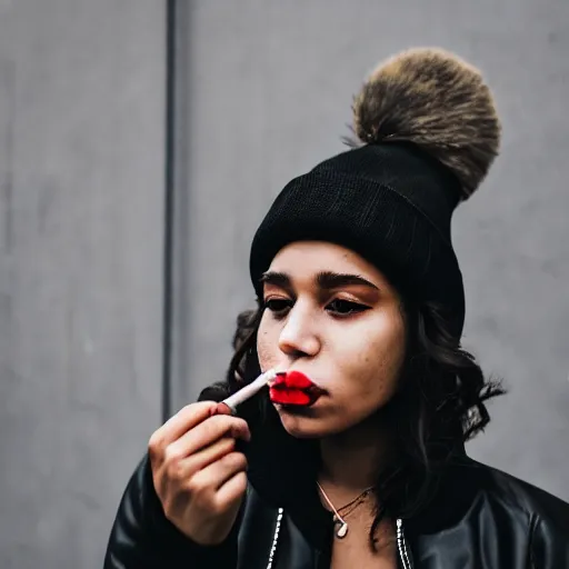 Image similar to portrait of a mixed woman smoking a cigarette, black beanie, black bomber jacket, urban environment, depth of field