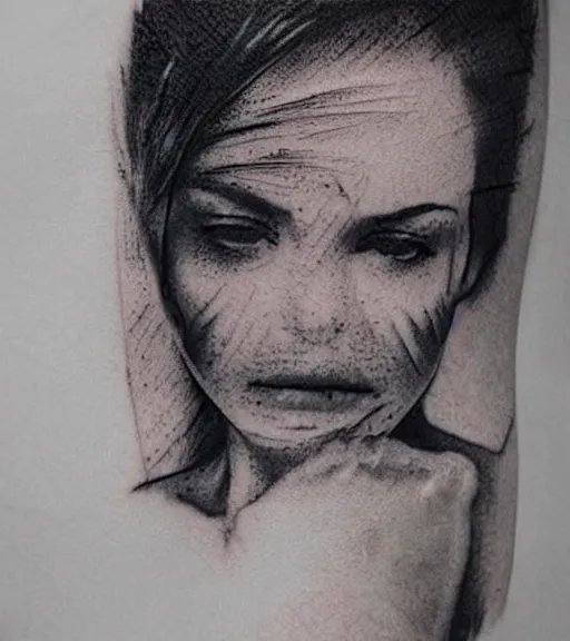 Image similar to tattoo design sketch of a double exposure of a beautiful mountain scenery with a faded beautiful woman face, hyper - realistic, in the style of matteo pasqualin, amazing detail, black and white, faded