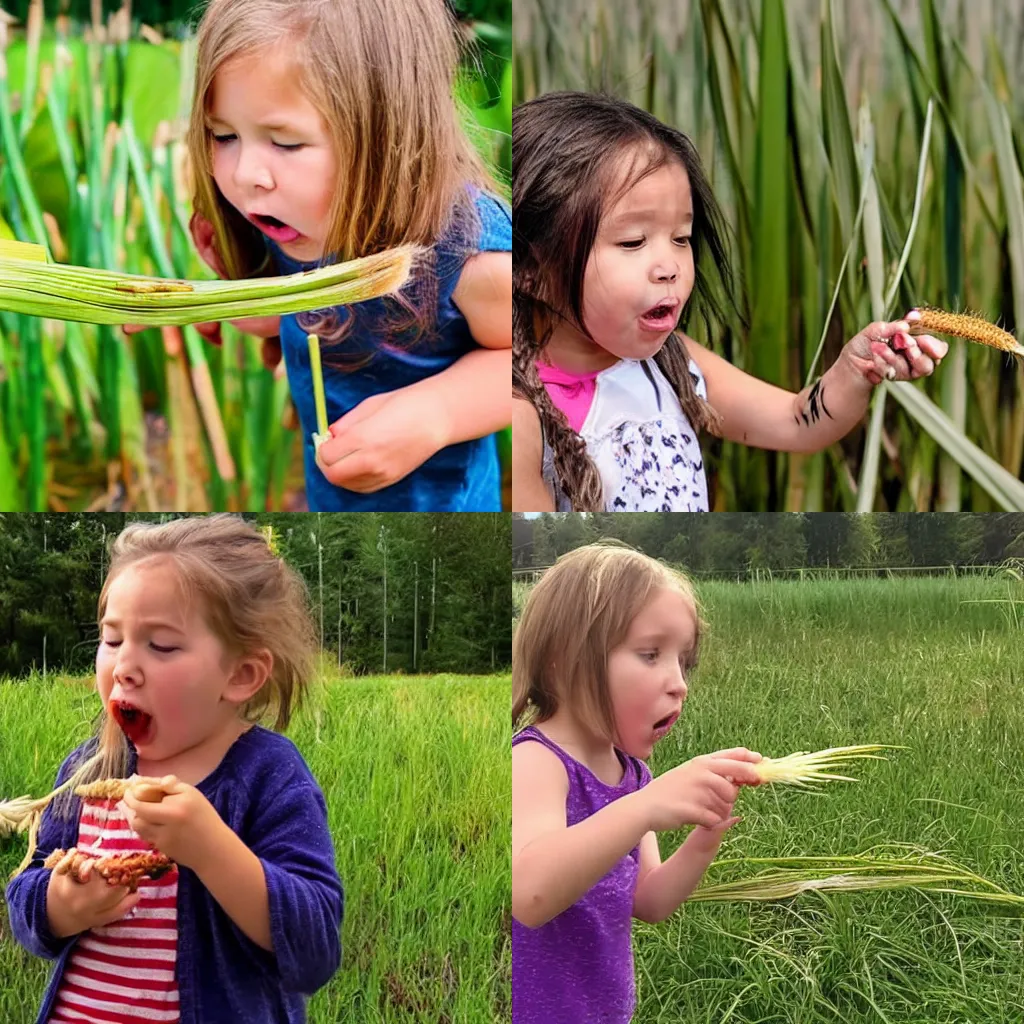 Prompt: little girl tries to eat a cattail and immediately regrets it