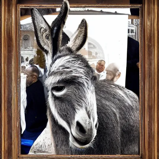 Image similar to donkey sitting on benjamin netanyahu picture, photorealistic, detailed, photograph