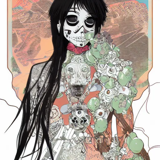 Prompt: anime manga skull portrait girl female skeleton illustration 80s vaporwave detailed patterns art Geof Darrow and Ashley wood and Ilya repin and alphonse mucha pop art nouveau